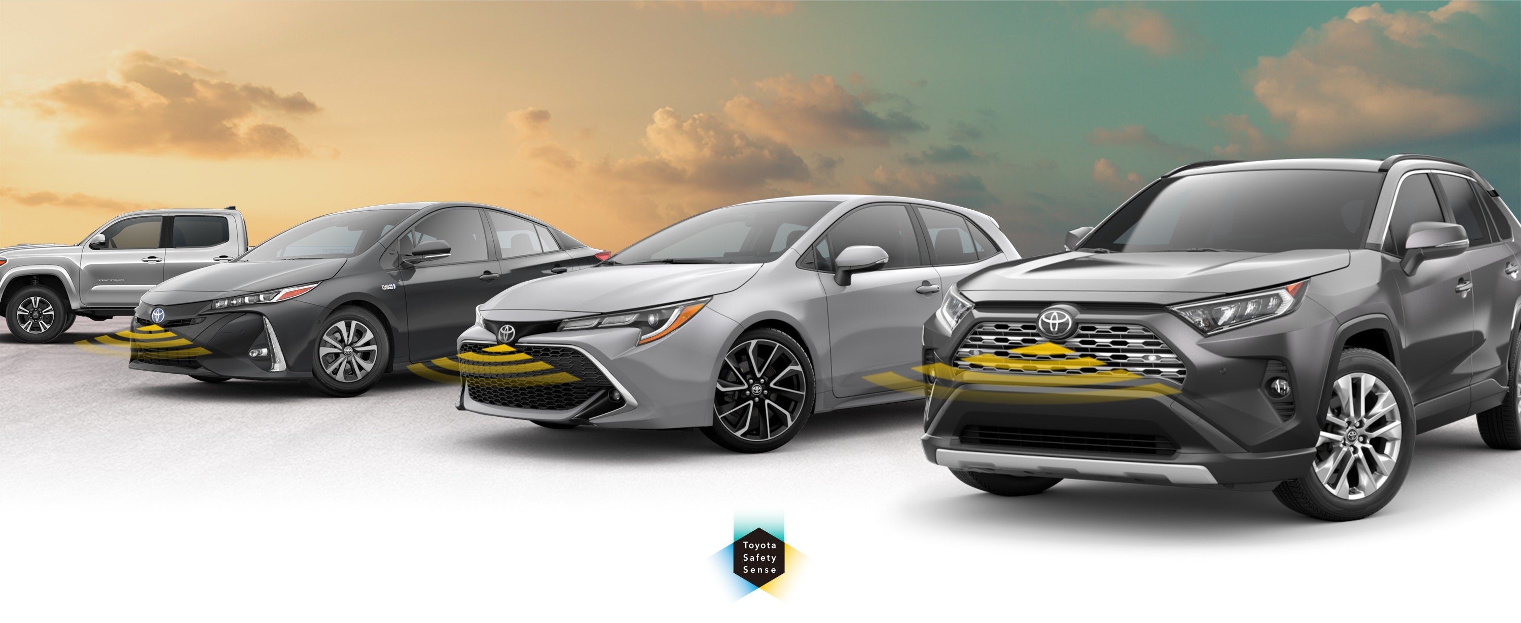 Toyota Safety Sense: Designed for Safety. Options shown on Toyota models including RAV4, Tacoma, and Camry, available now at Family Toyota of Burleson in Burleson TX.